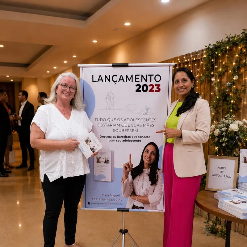 Leitora com o livro no lançamento, ao lado de Mara Miguel